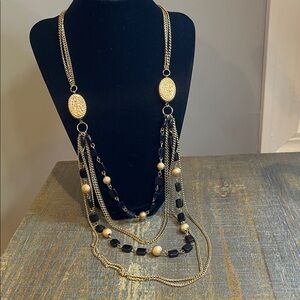 Vintage Black & Gold Medallion Layered Beaded Necklace